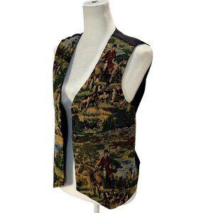 Vintage Western Fleur Bleue Tapestry Vest Equestrian Fox Hunt Scene Waistcoat